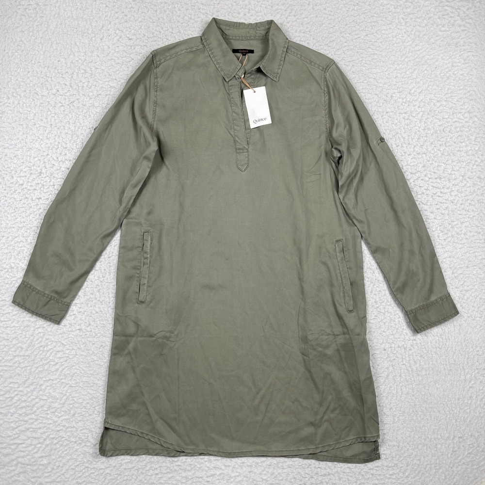 Quince Tunic Dress Womens M Olive Vintage Wash Tencel Roll Sleeve Minimalist